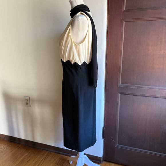 LUISA SPAGNOLI | Black & Cream Silk Surplice Bodice Beaded Cocktail Dress Size 6 - Picture 3 of 10